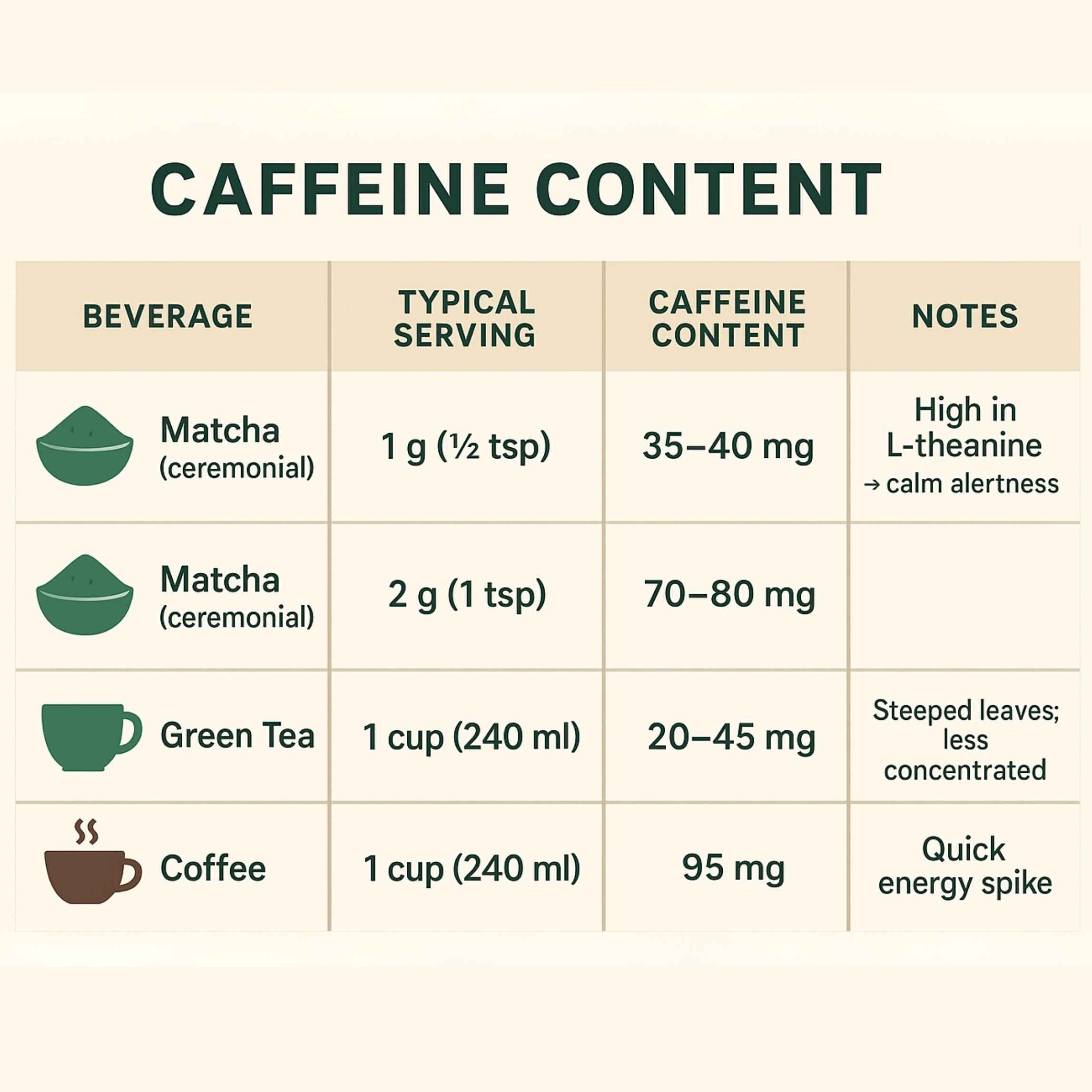 Table showing caffeine content of matcha, green tea, and coffee.