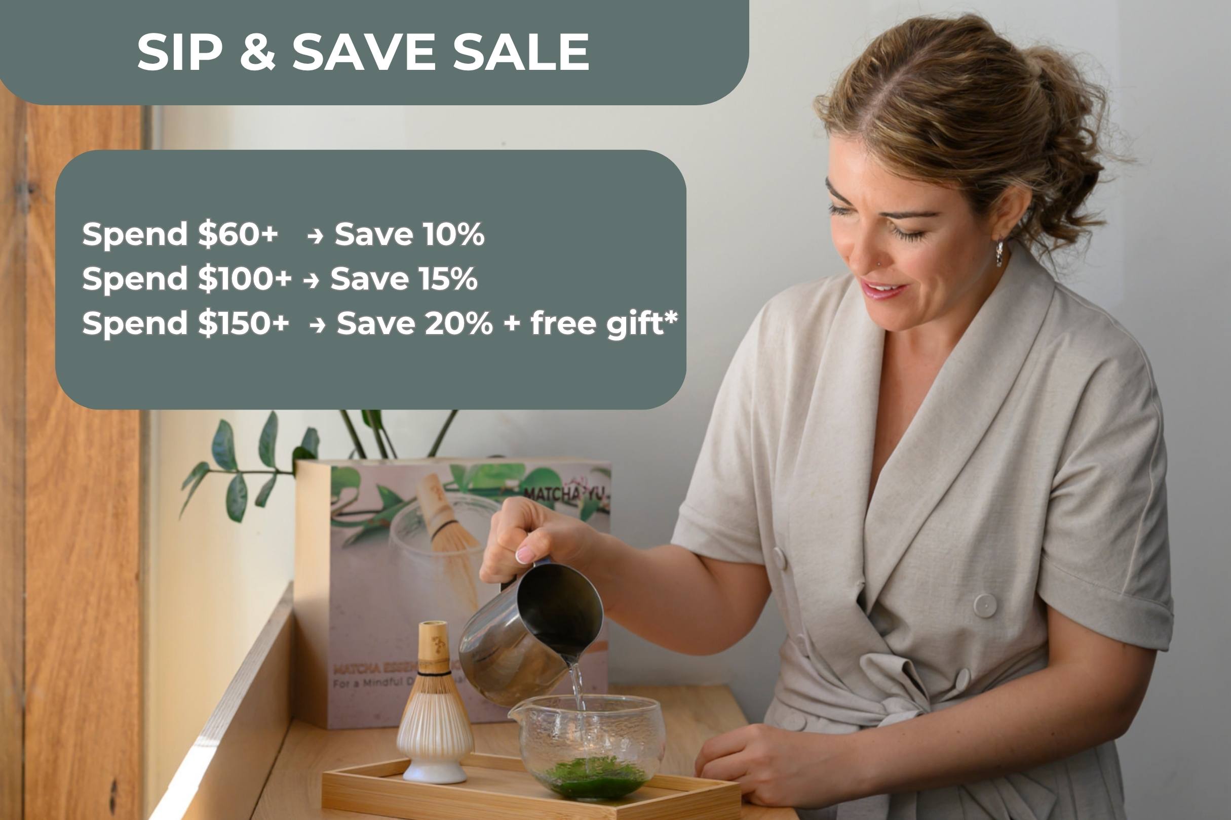Woman preparing a drink with a 'Sip & Save Sale' promotional text overlay.