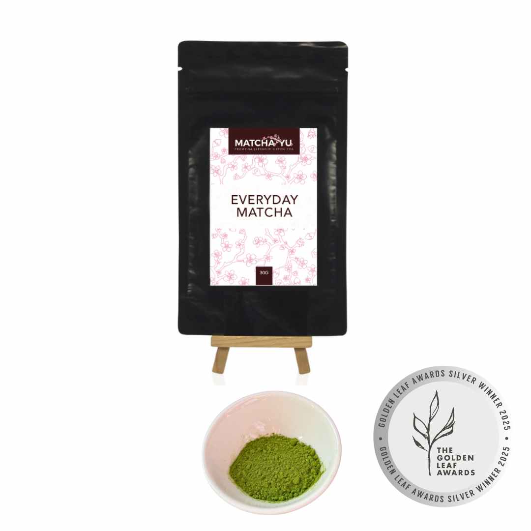 Matcha-yu Everyday Matcha packaging with a bowl of matcha powder and an award badge on a white background