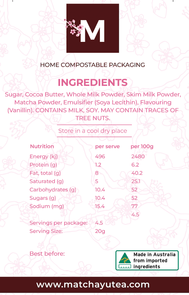 Matcha Chocolate Nutritional Label