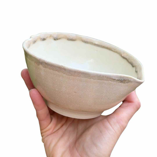 Hand holding a ceramic bowl with a white background