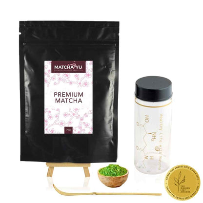 Matcha powder packaging with a spoon and bowl on a white background