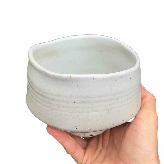 Hand holding a light gray ceramic bowl against a white background